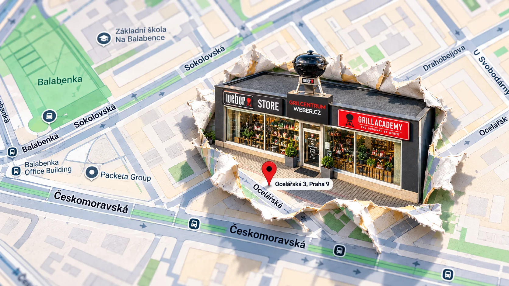 Mapa okolí Harfy, z níž na Ocelářské 3 vystupuje prodejna GRILCENTRUM Weber Store Harfa