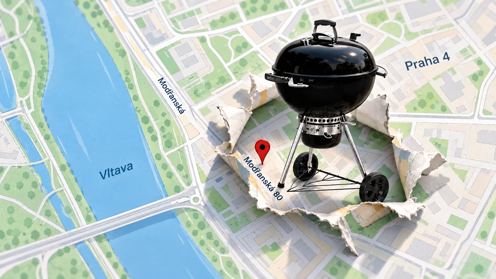 Mapa Modřan u Vltavy, z níž na Modřanské 80 vystupuje gril Weber — výdejní místo